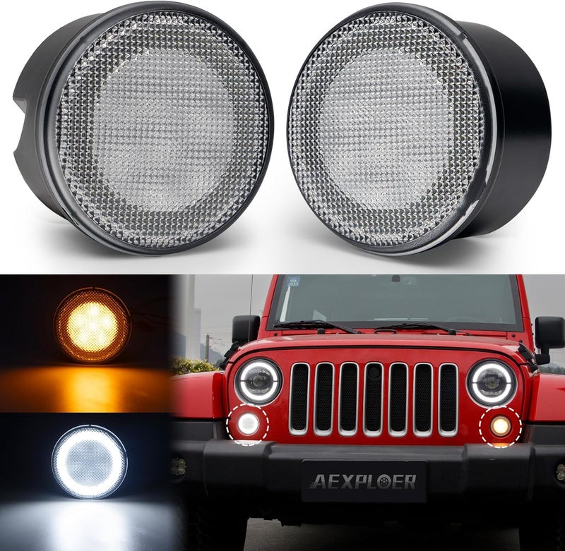 Aexploer LED Turn Signal Lights Compatible with Wrangler JK JKU 2007-2018, White Halo as Daytime Running Lights,Yellow Honycomb LED as Turn Signal 2PCS (Clear Lens) - Image 1